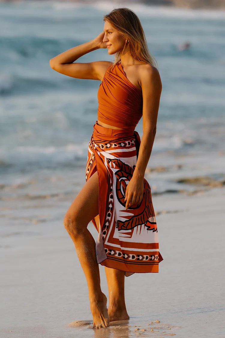 Two Piece Swimsuit with Beach Cover up Wrap Skirt Sarong Retro Floral Print Bikini Set